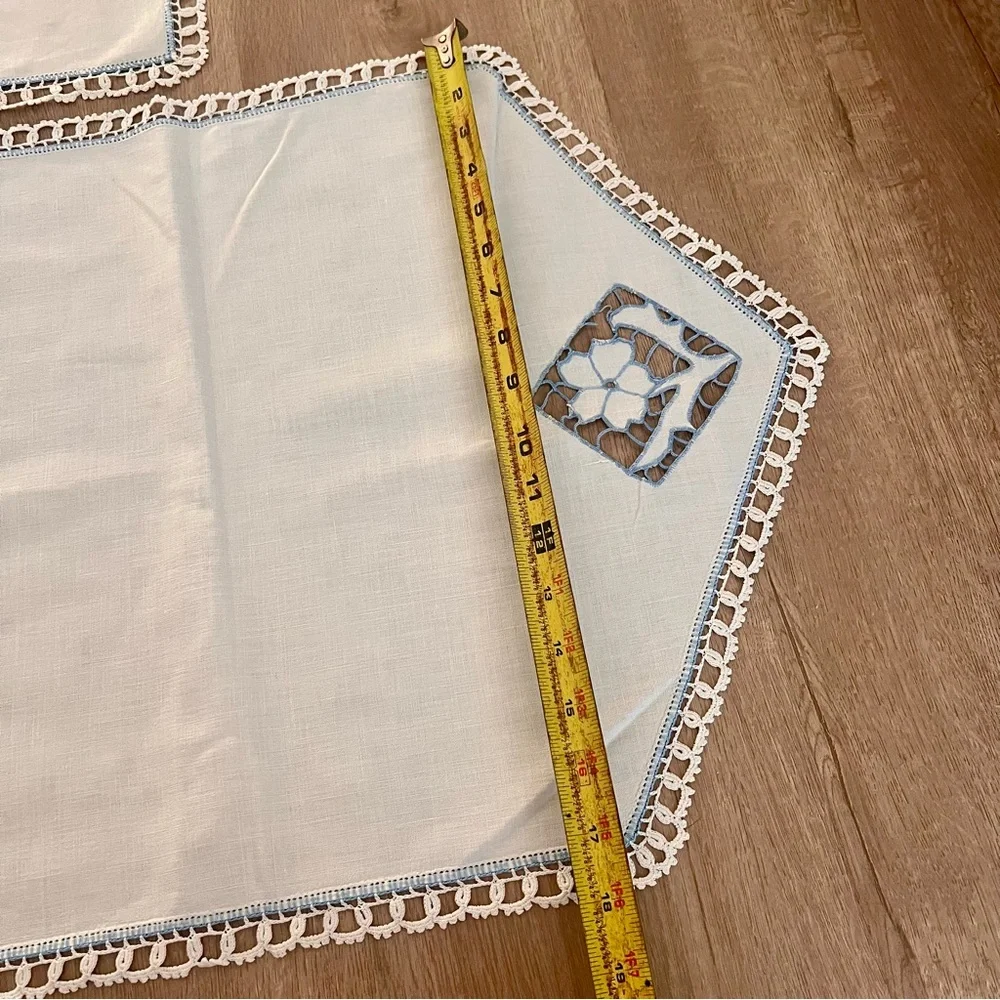 4 PCs Vtg Blue Crochet Edged Linen Cut Out Doilies Table Runners Arm Chair Cover